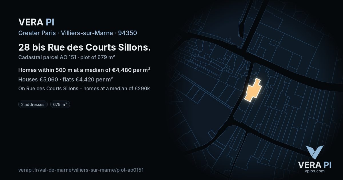 28 bis Rue des Courts Sillons, Villiers-sur-Marne at night – the plot lit, the parcels around coloured by the prices near them
