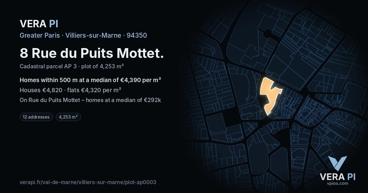 8 Rue du Puits Mottet, Villiers-sur-Marne at night – the plot lit, the parcels around coloured by the prices near them