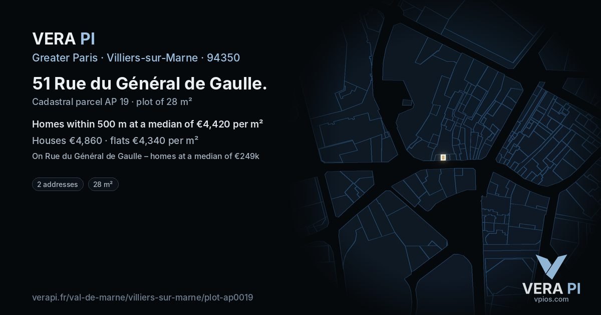 51 Rue du Général de Gaulle, Villiers-sur-Marne at night – the plot lit, the parcels around coloured by the prices near them