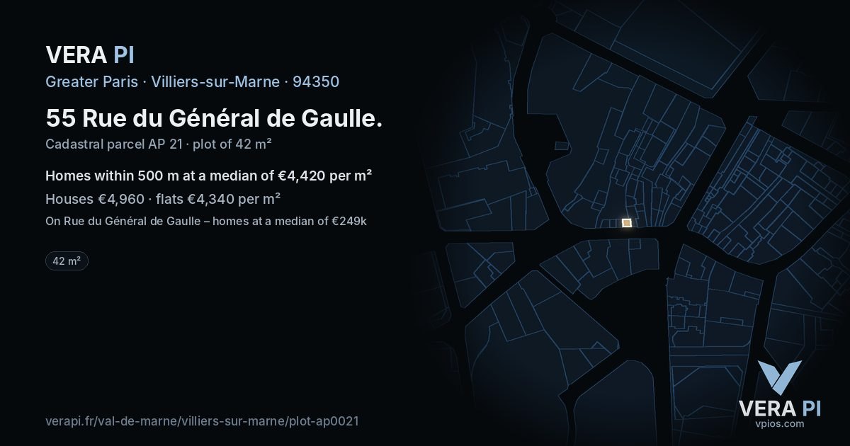 55 Rue du Général de Gaulle, Villiers-sur-Marne at night – the plot lit, the parcels around coloured by the prices near them