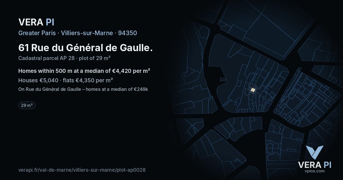 61 Rue du Général de Gaulle, Villiers-sur-Marne at night – the plot lit, the parcels around coloured by the prices near them