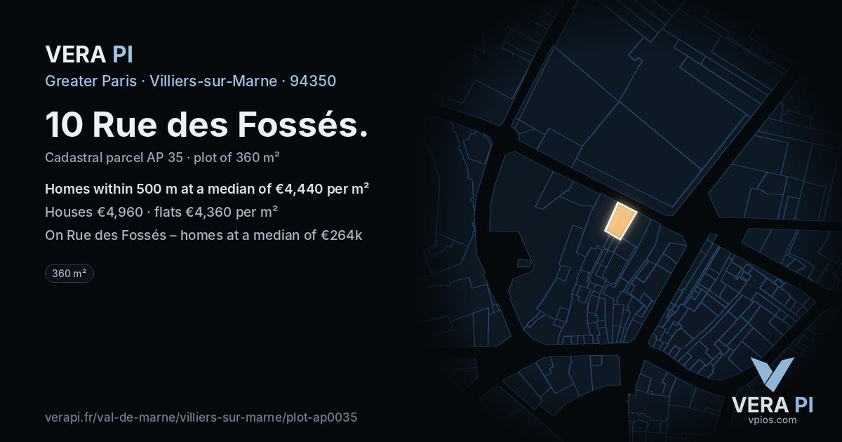 10 Rue des Fossés, Villiers-sur-Marne at night – the plot lit, the parcels around coloured by the prices near them