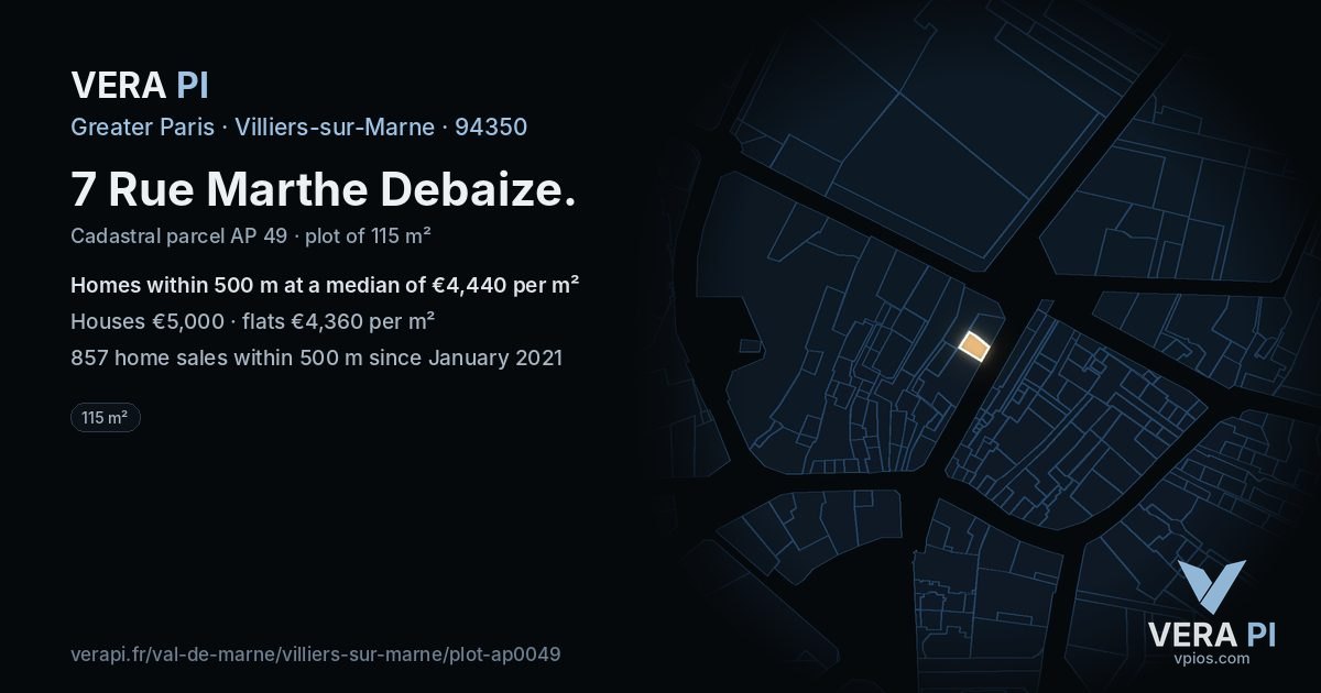 7 Rue Marthe Debaize, Villiers-sur-Marne at night – the plot lit, the parcels around coloured by the prices near them