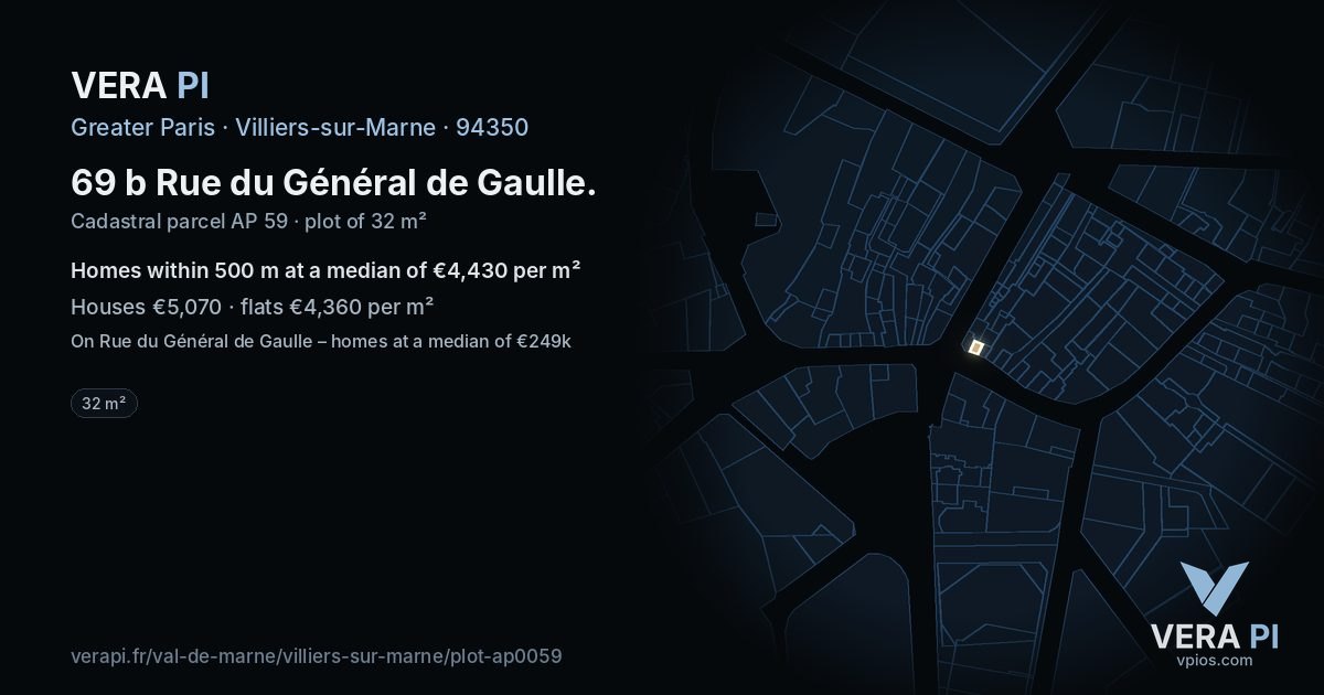 69 b Rue du Général de Gaulle, Villiers-sur-Marne at night – the plot lit, the parcels around coloured by the prices near them