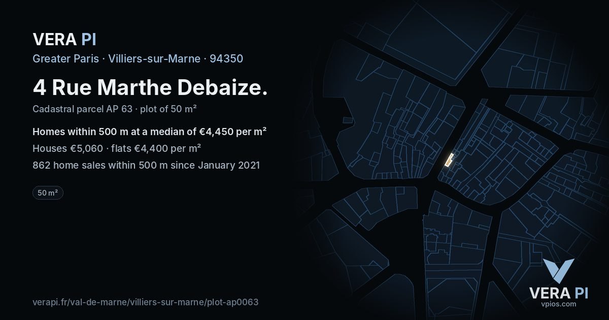 4 Rue Marthe Debaize, Villiers-sur-Marne at night – the plot lit, the parcels around coloured by the prices near them