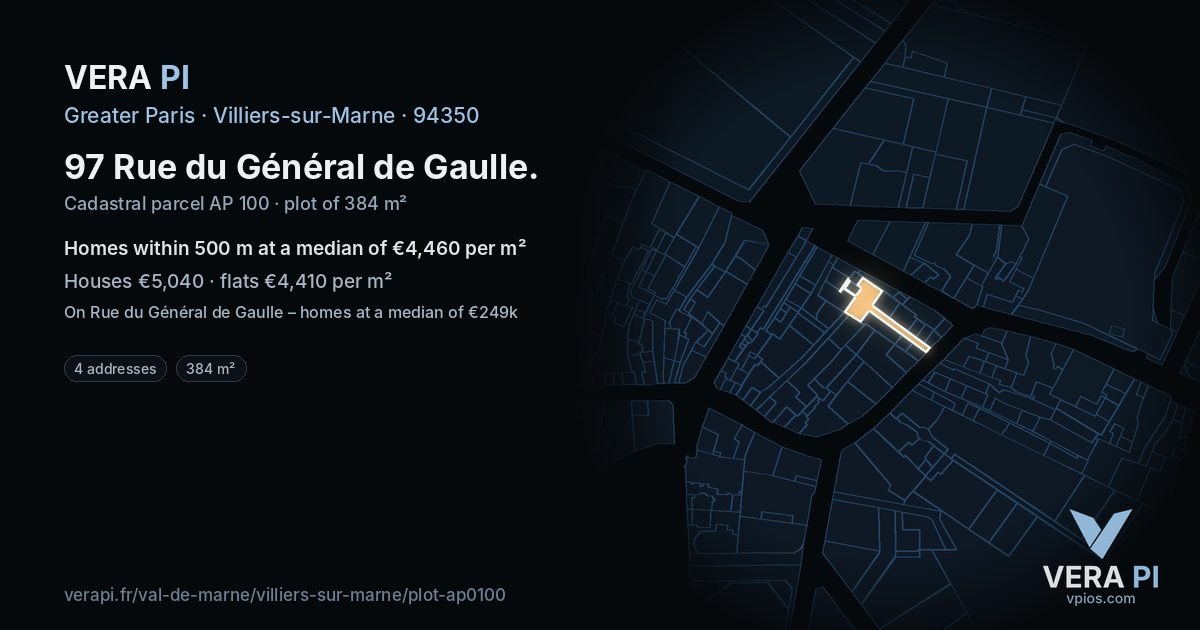 97 Rue du Général de Gaulle, Villiers-sur-Marne at night – the plot lit, the parcels around coloured by the prices near them