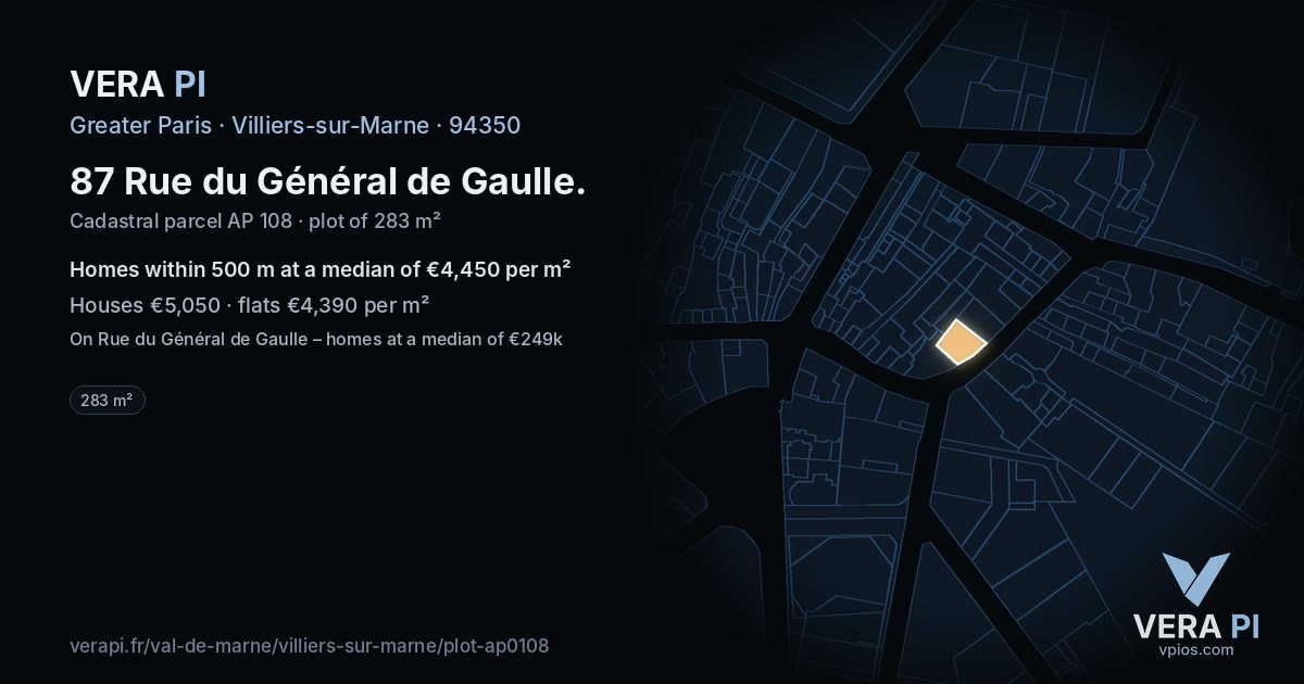 87 Rue du Général de Gaulle, Villiers-sur-Marne at night – the plot lit, the parcels around coloured by the prices near them