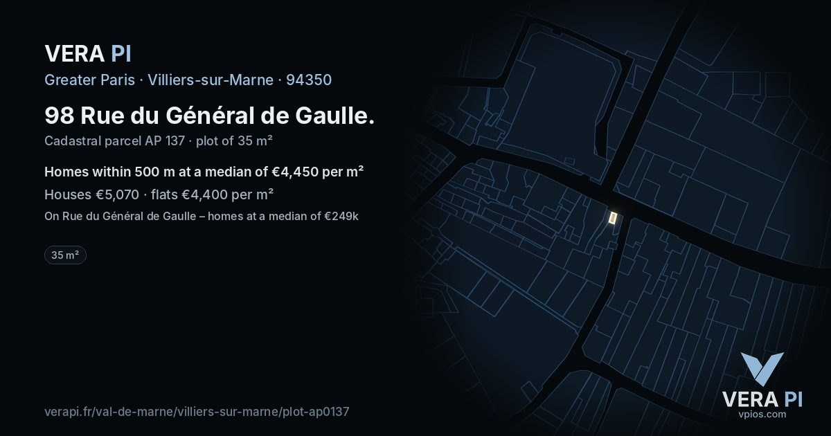 98 Rue du Général de Gaulle, Villiers-sur-Marne at night – the plot lit, the parcels around coloured by the prices near them