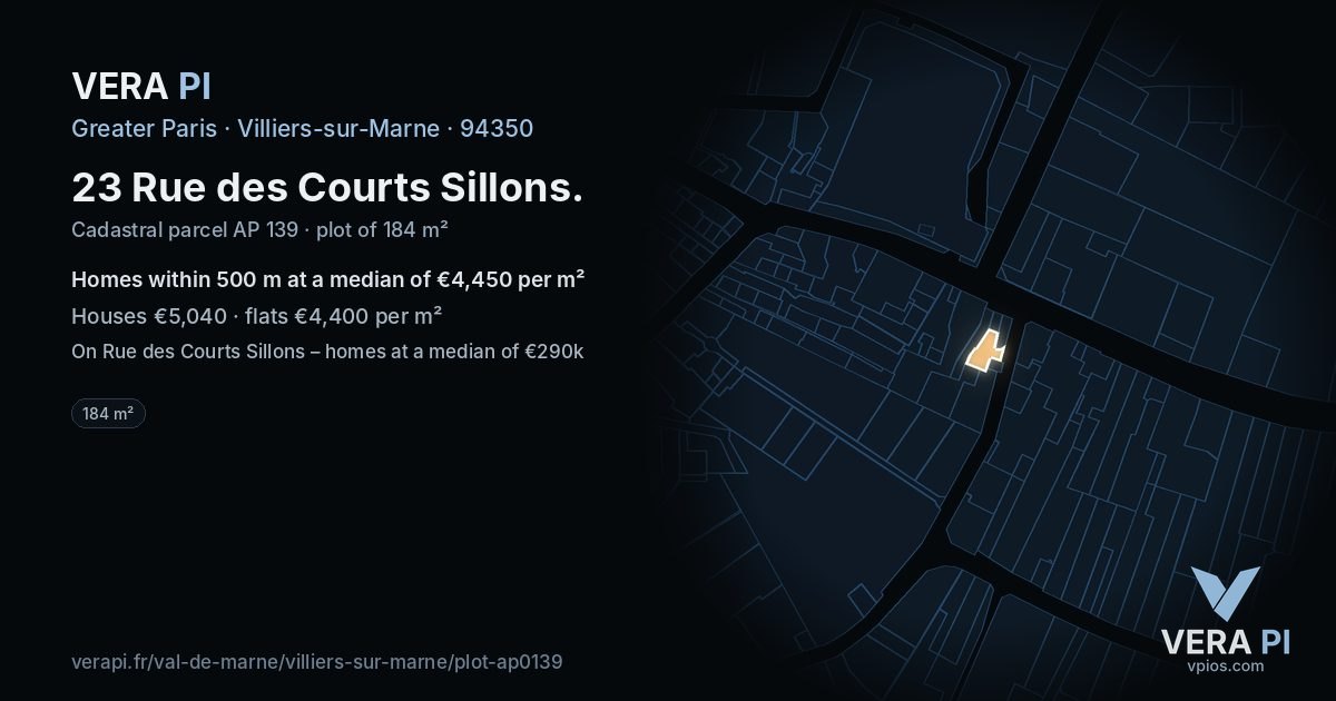 23 Rue des Courts Sillons, Villiers-sur-Marne at night – the plot lit, the parcels around coloured by the prices near them