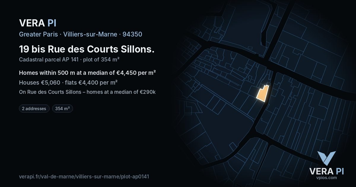 19 bis Rue des Courts Sillons, Villiers-sur-Marne at night – the plot lit, the parcels around coloured by the prices near them
