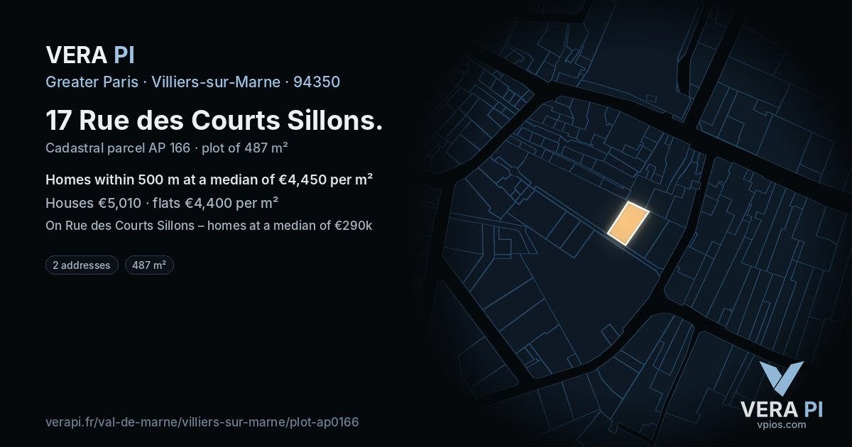 17 Rue des Courts Sillons, Villiers-sur-Marne at night – the plot lit, the parcels around coloured by the prices near them