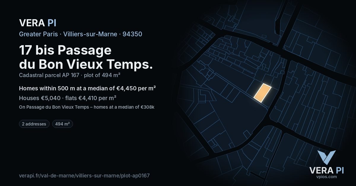 17 bis Passage du Bon Vieux Temps, Villiers-sur-Marne at night – the plot lit, the parcels around coloured by the prices near them