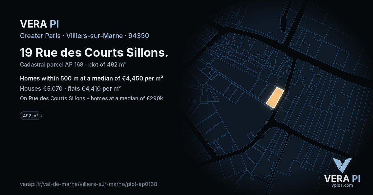 19 Rue des Courts Sillons, Villiers-sur-Marne at night – the plot lit, the parcels around coloured by the prices near them