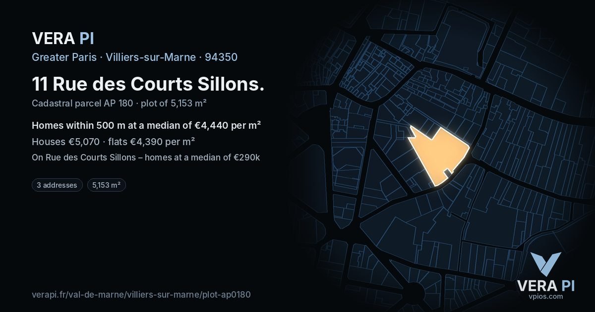 11 Rue des Courts Sillons, Villiers-sur-Marne at night – the plot lit, the parcels around coloured by the prices near them