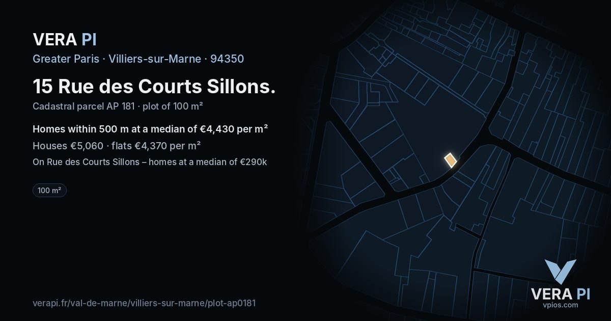 15 Rue des Courts Sillons, Villiers-sur-Marne at night – the plot lit, the parcels around coloured by the prices near them