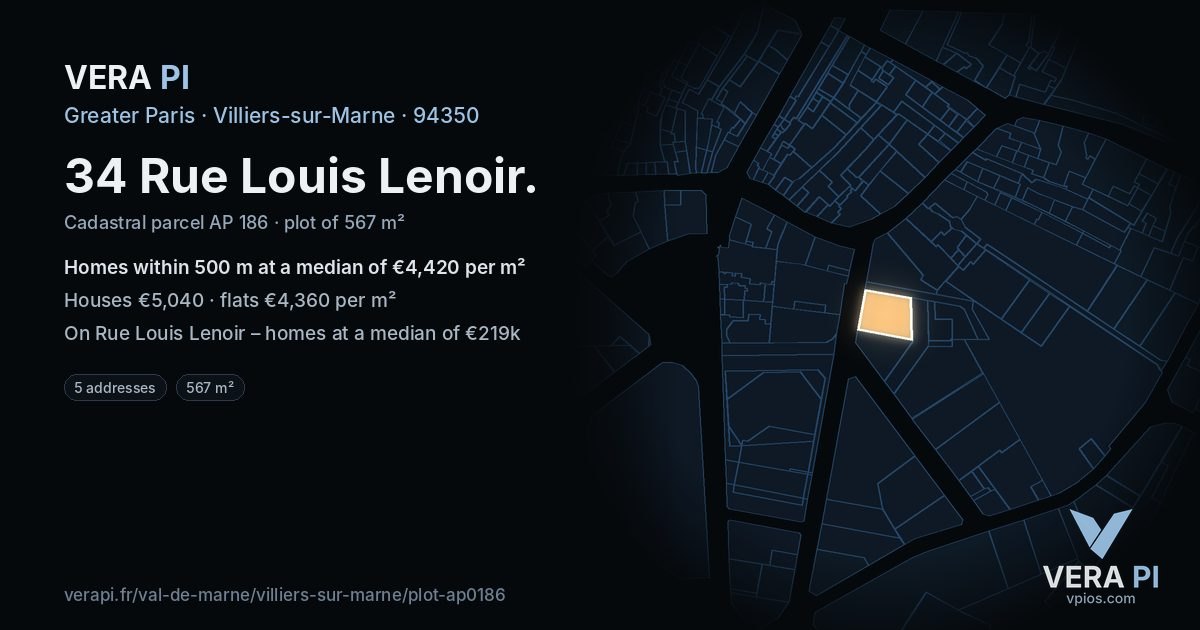 34 Rue Louis Lenoir, Villiers-sur-Marne at night – the plot lit, the parcels around coloured by the prices near them