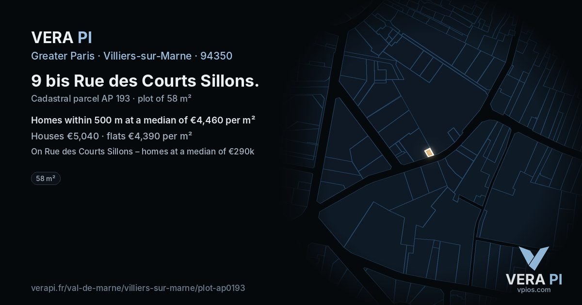 9 bis Rue des Courts Sillons, Villiers-sur-Marne at night – the plot lit, the parcels around coloured by the prices near them