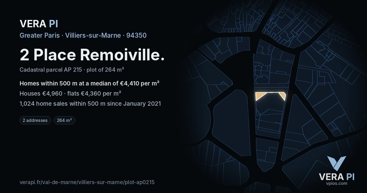 2 Place Remoiville, Villiers-sur-Marne at night – the plot lit, the parcels around coloured by the prices near them