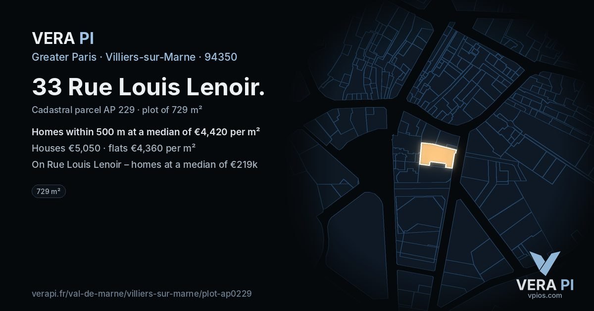 33 Rue Louis Lenoir, Villiers-sur-Marne at night – the plot lit, the parcels around coloured by the prices near them