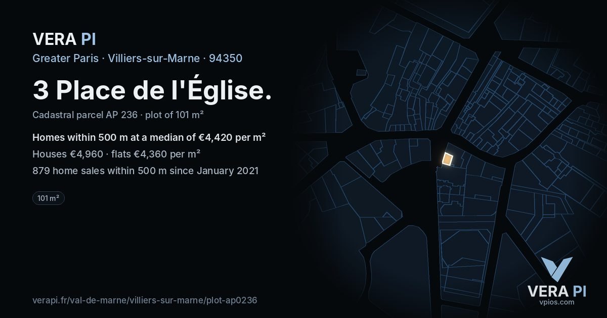 3 Place de l'Église, Villiers-sur-Marne at night – the plot lit, the parcels around coloured by the prices near them