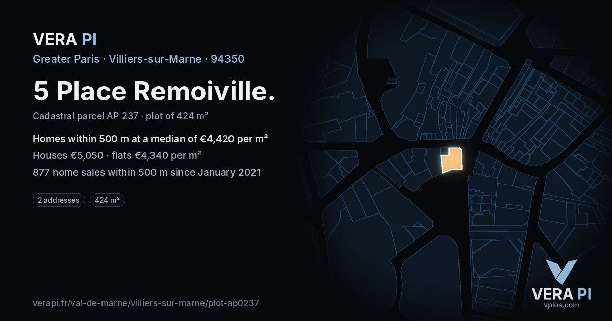 5 Place Remoiville, Villiers-sur-Marne at night – the plot lit, the parcels around coloured by the prices near them