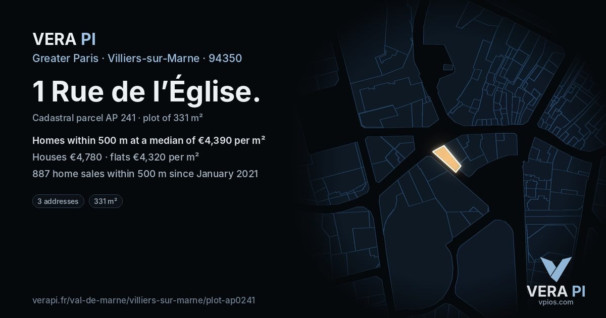 1 Rue de l’Église, Villiers-sur-Marne at night – the plot lit, the parcels around coloured by the prices near them