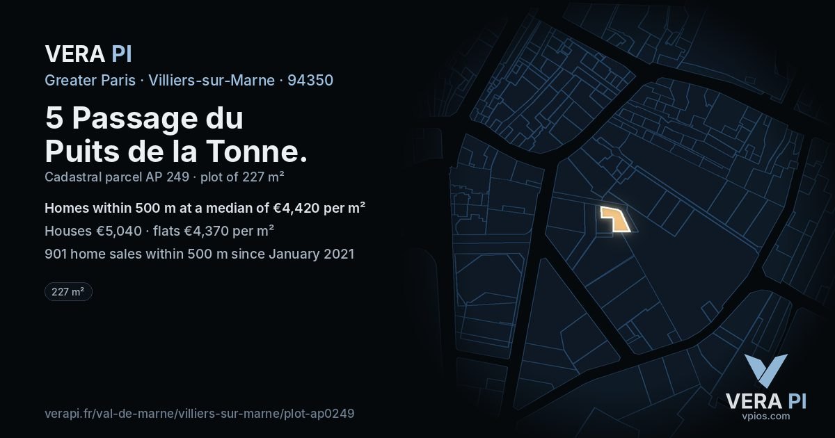 5 Passage du Puits de la Tonne, Villiers-sur-Marne at night – the plot lit, the parcels around coloured by the prices near them