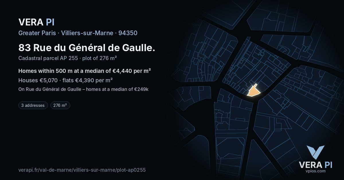 83 Rue du Général de Gaulle, Villiers-sur-Marne at night – the plot lit, the parcels around coloured by the prices near them