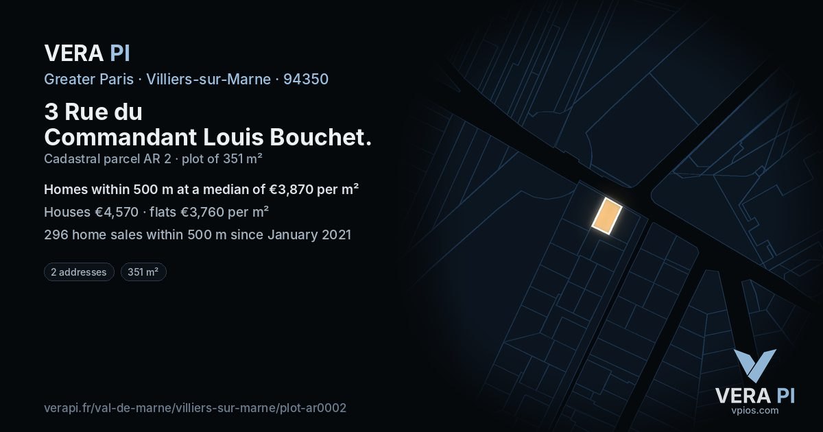 3 Rue du Commandant Louis Bouchet, Villiers-sur-Marne at night – the plot lit, the parcels around coloured by the prices near them