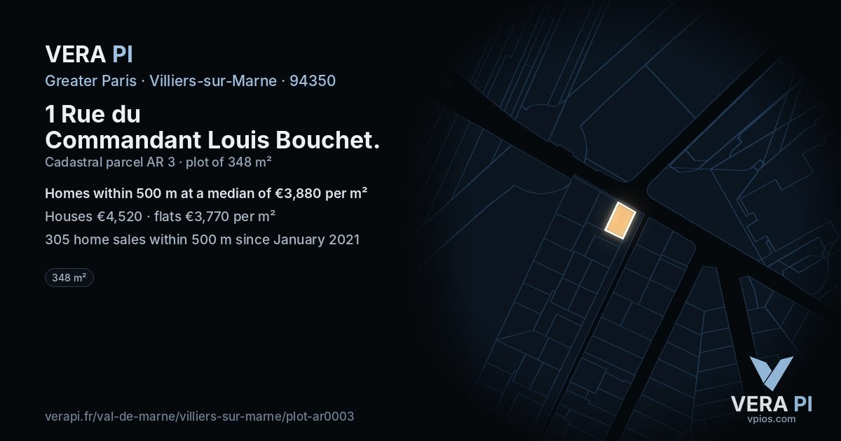 1 Rue du Commandant Louis Bouchet, Villiers-sur-Marne at night – the plot lit, the parcels around coloured by the prices near them