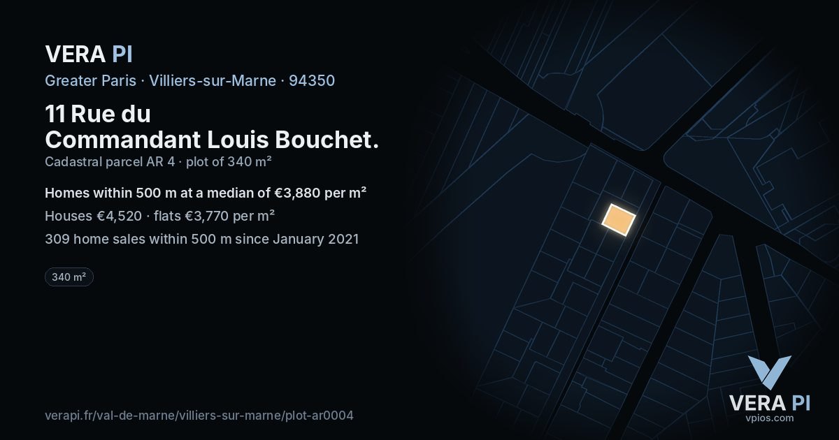 11 Rue du Commandant Louis Bouchet, Villiers-sur-Marne at night – the plot lit, the parcels around coloured by the prices near them