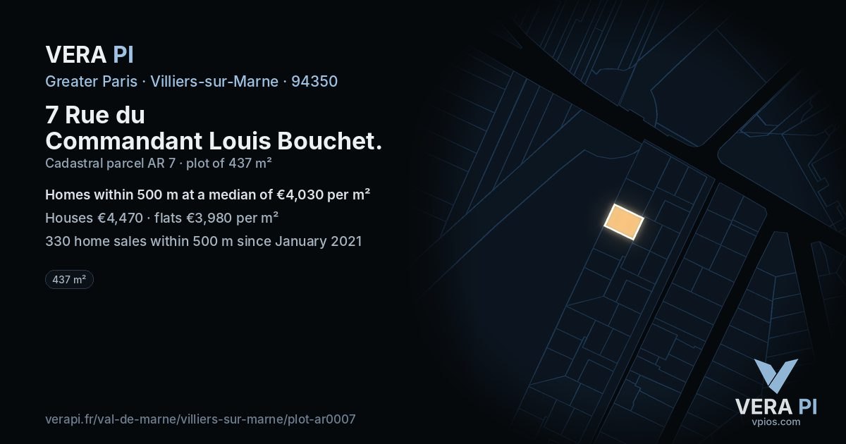 7 Rue du Commandant Louis Bouchet, Villiers-sur-Marne at night – the plot lit, the parcels around coloured by the prices near them