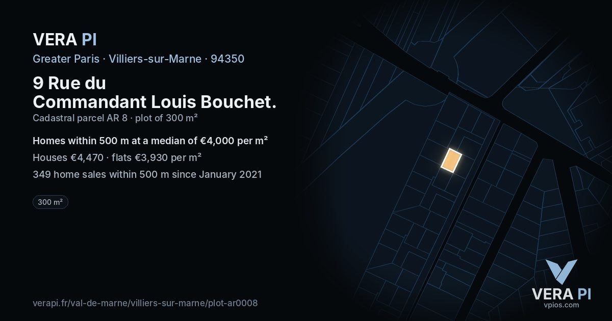 9 Rue du Commandant Louis Bouchet, Villiers-sur-Marne at night – the plot lit, the parcels around coloured by the prices near them