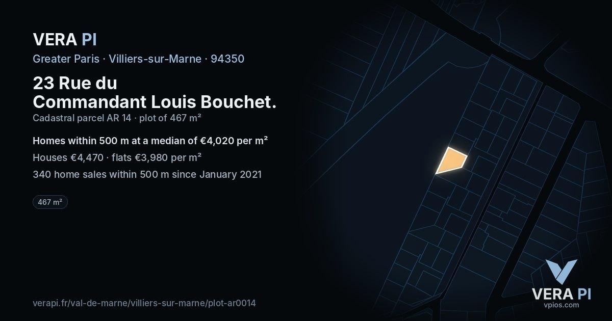 23 Rue du Commandant Louis Bouchet, Villiers-sur-Marne at night – the plot lit, the parcels around coloured by the prices near them