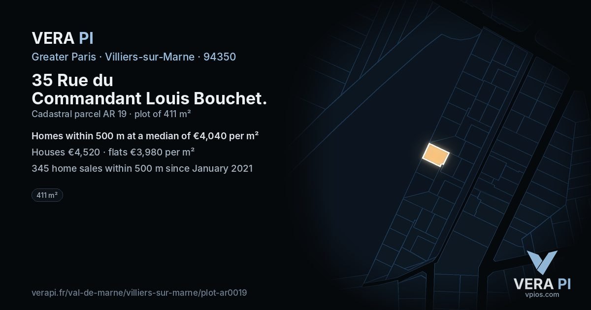 35 Rue du Commandant Louis Bouchet, Villiers-sur-Marne at night – the plot lit, the parcels around coloured by the prices near them