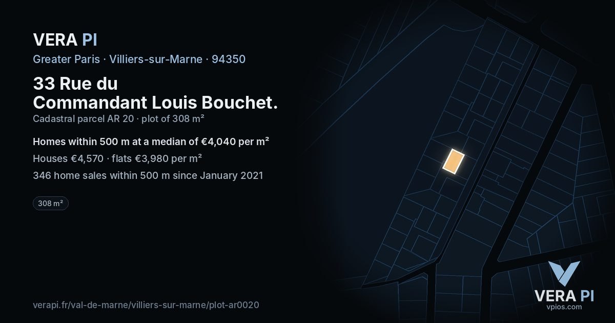 33 Rue du Commandant Louis Bouchet, Villiers-sur-Marne at night – the plot lit, the parcels around coloured by the prices near them