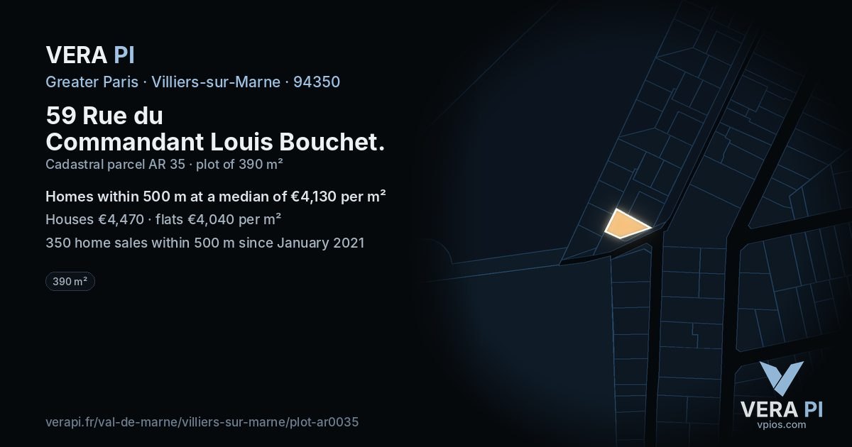 59 Rue du Commandant Louis Bouchet, Villiers-sur-Marne at night – the plot lit, the parcels around coloured by the prices near them