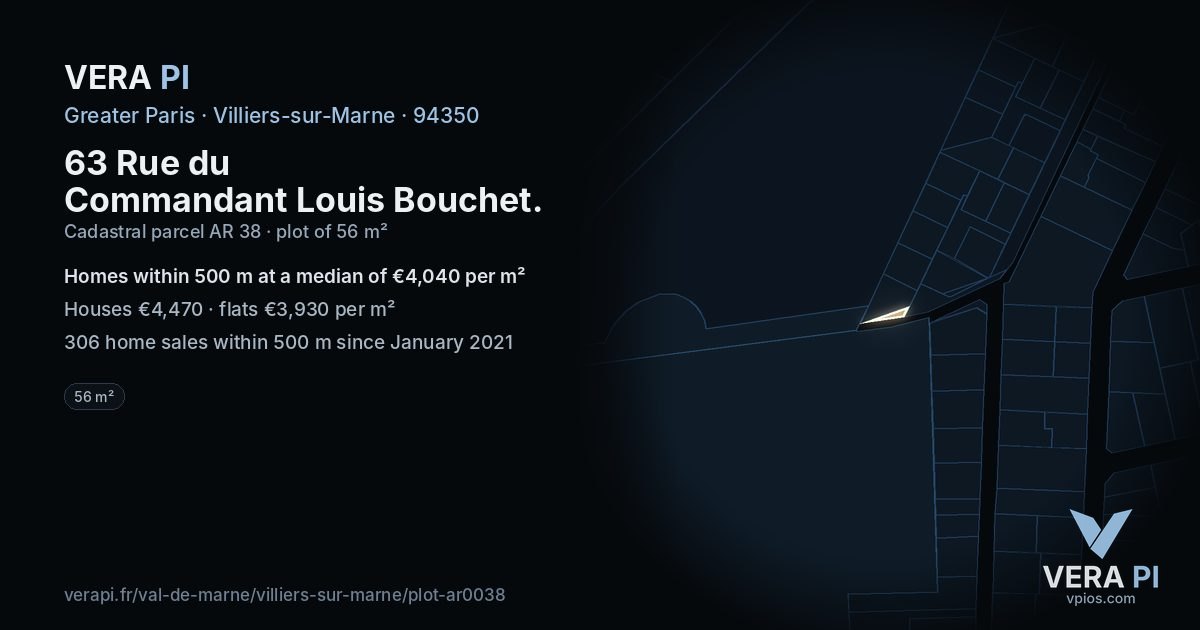 63 Rue du Commandant Louis Bouchet, Villiers-sur-Marne at night – the plot lit, the parcels around coloured by the prices near them