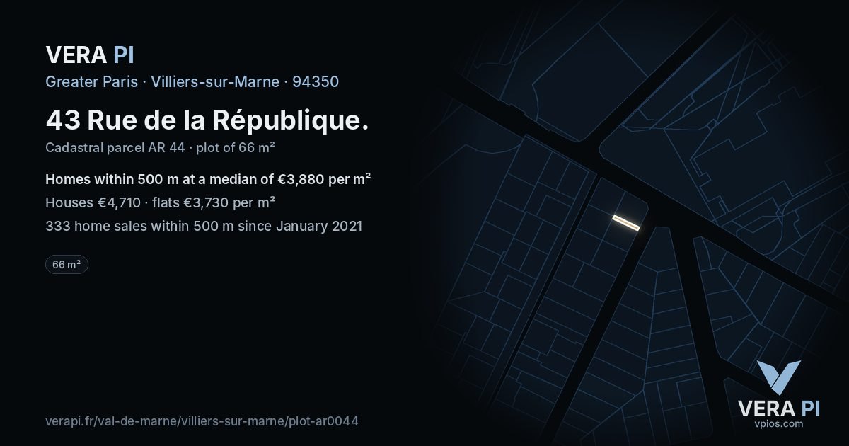 43 Rue de la République, Villiers-sur-Marne at night – the plot lit, the parcels around coloured by the prices near them
