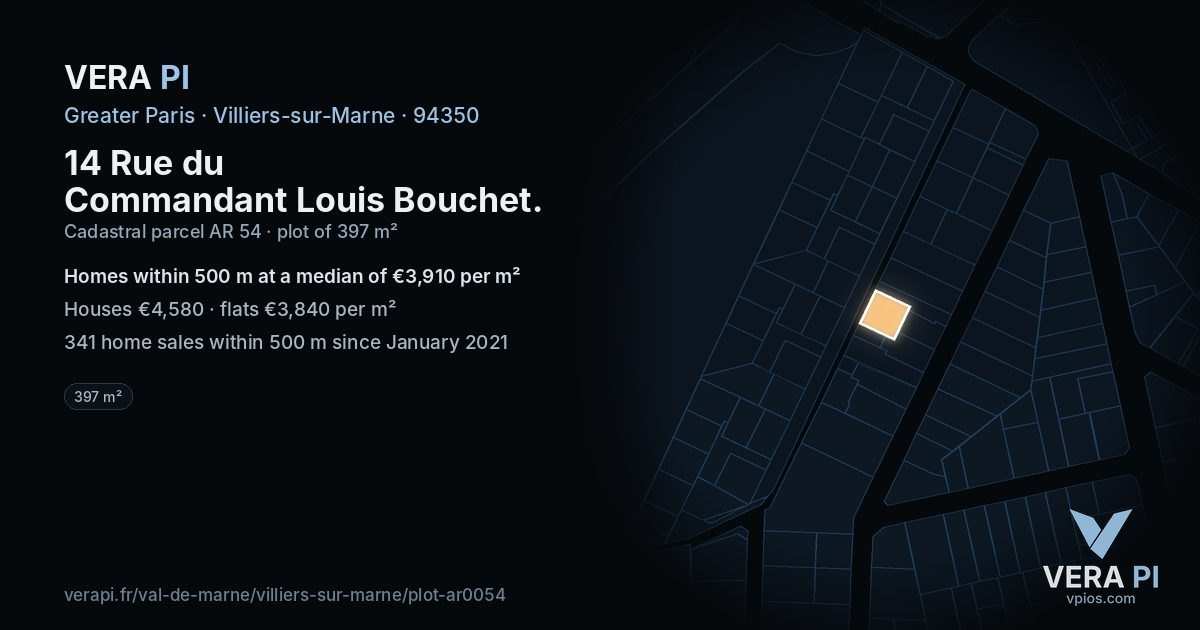 14 Rue du Commandant Louis Bouchet, Villiers-sur-Marne at night – the plot lit, the parcels around coloured by the prices near them