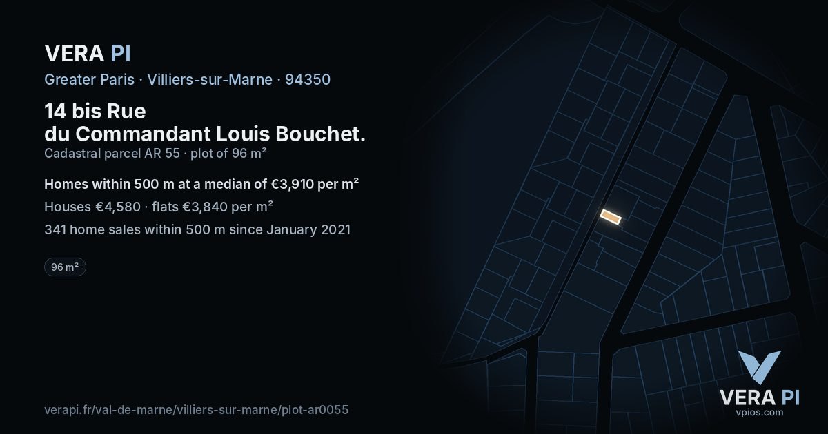 14 bis Rue du Commandant Louis Bouchet, Villiers-sur-Marne at night – the plot lit, the parcels around coloured by the prices near them