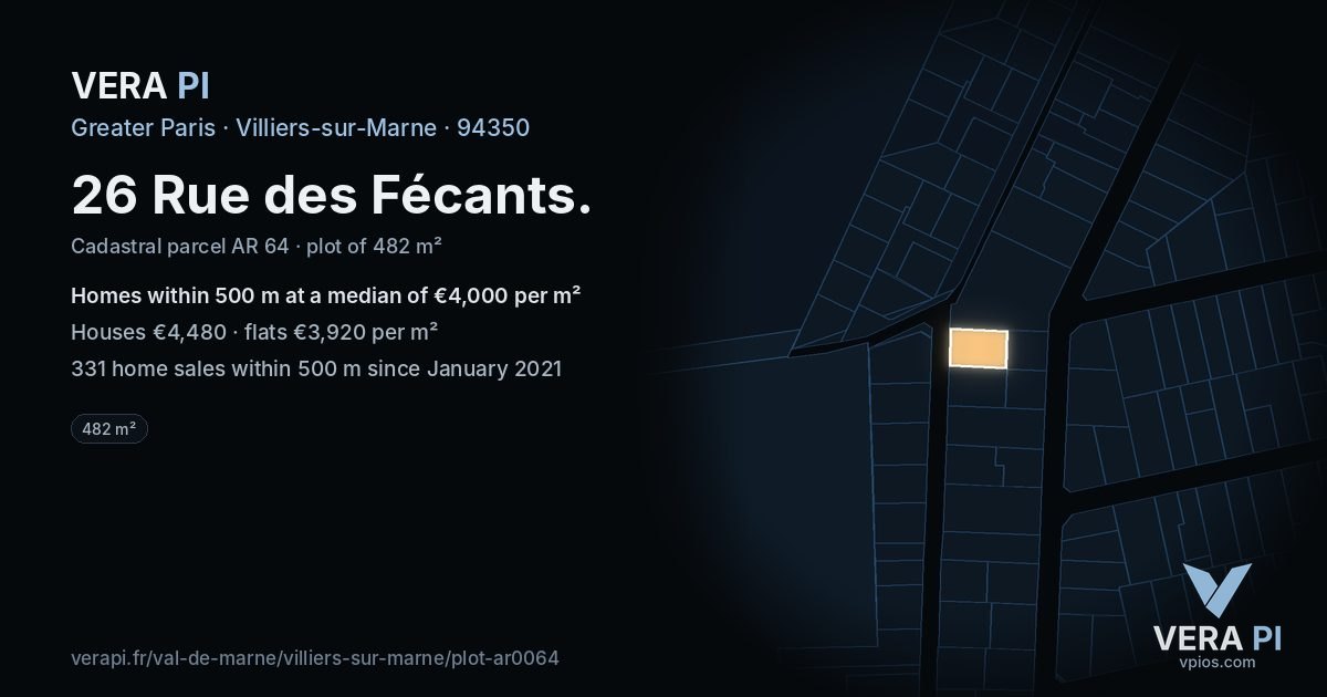 26 Rue des Fécants, Villiers-sur-Marne at night – the plot lit, the parcels around coloured by the prices near them