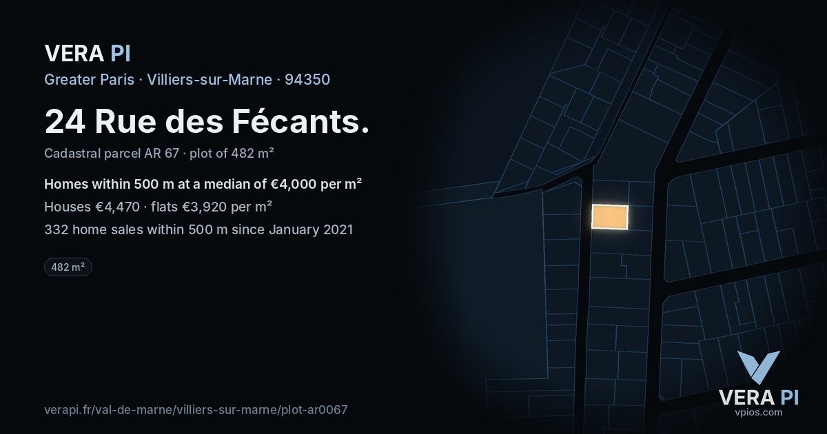24 Rue des Fécants, Villiers-sur-Marne at night – the plot lit, the parcels around coloured by the prices near them