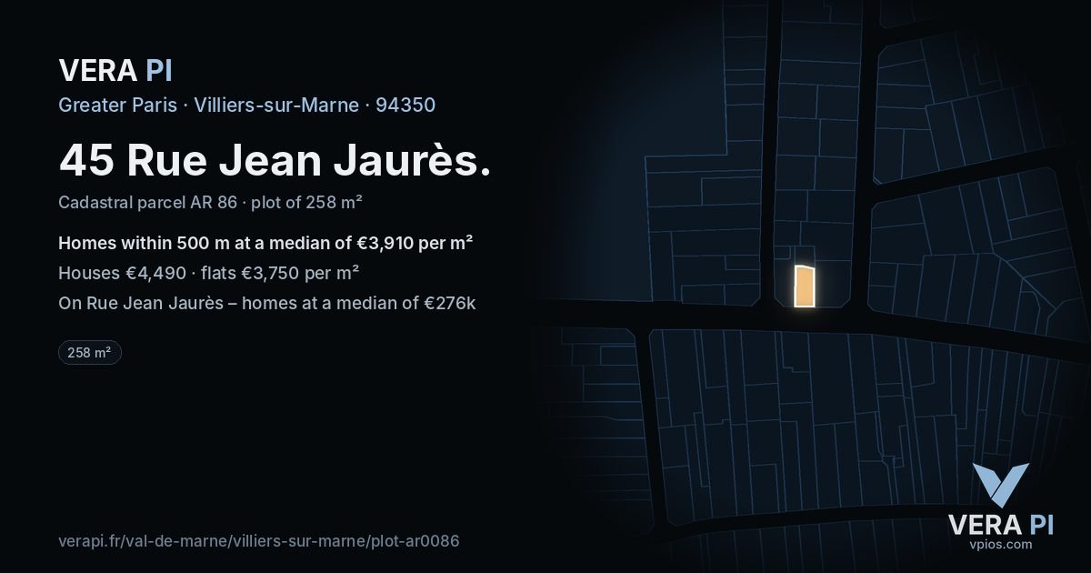 45 Rue Jean Jaurès, Villiers-sur-Marne at night – the plot lit, the parcels around coloured by the prices near them