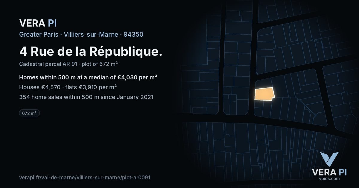 4 Rue de la République, Villiers-sur-Marne at night – the plot lit, the parcels around coloured by the prices near them