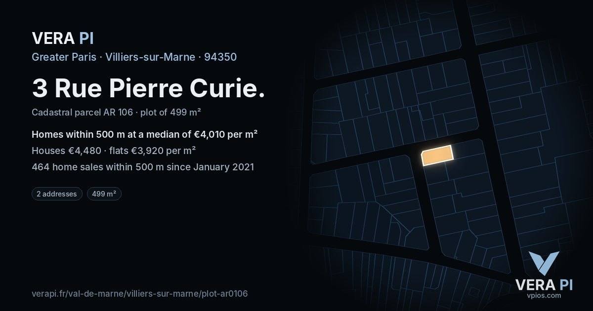 3 Rue Pierre Curie, Villiers-sur-Marne at night – the plot lit, the parcels around coloured by the prices near them