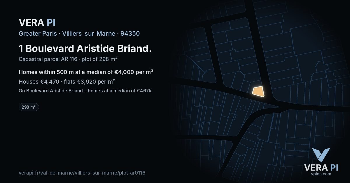 1 Boulevard Aristide Briand, Villiers-sur-Marne at night – the plot lit, the parcels around coloured by the prices near them