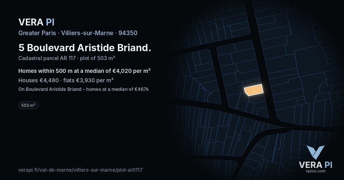 5 Boulevard Aristide Briand, Villiers-sur-Marne at night – the plot lit, the parcels around coloured by the prices near them