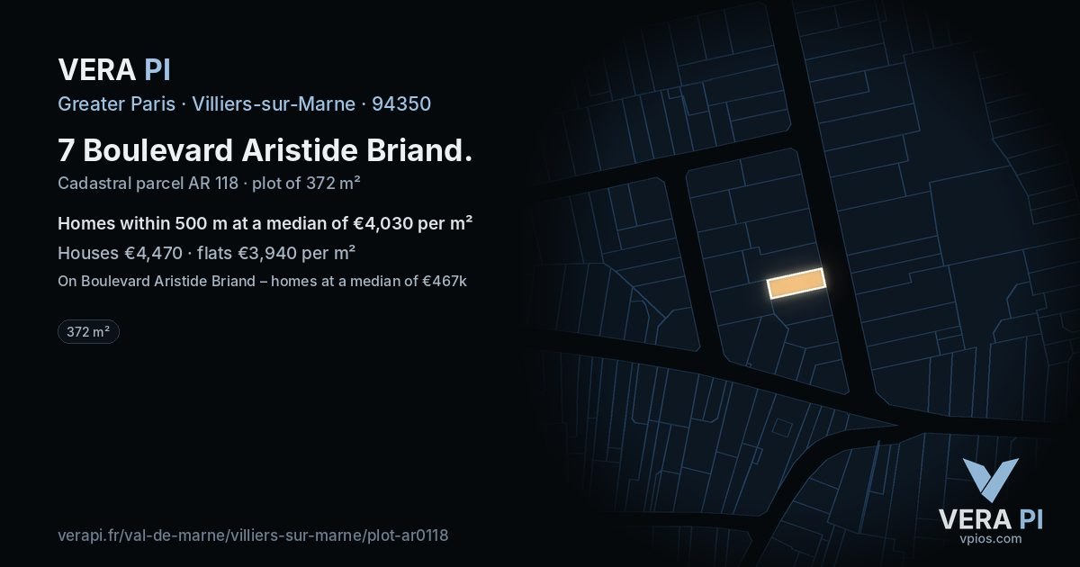7 Boulevard Aristide Briand, Villiers-sur-Marne at night – the plot lit, the parcels around coloured by the prices near them