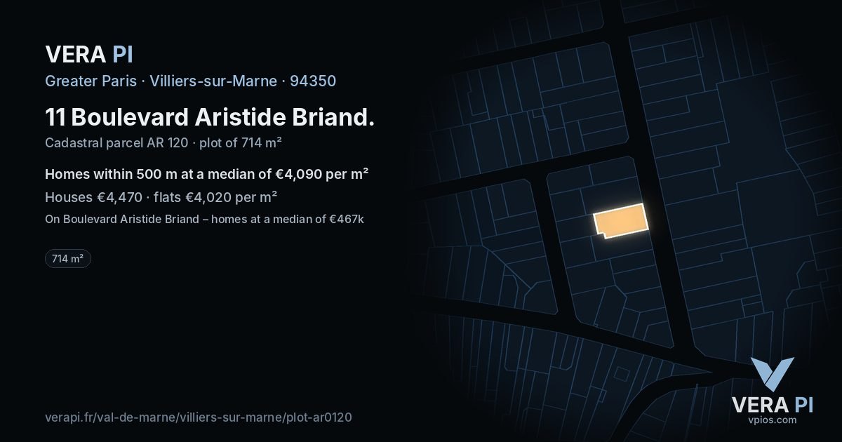11 Boulevard Aristide Briand, Villiers-sur-Marne at night – the plot lit, the parcels around coloured by the prices near them